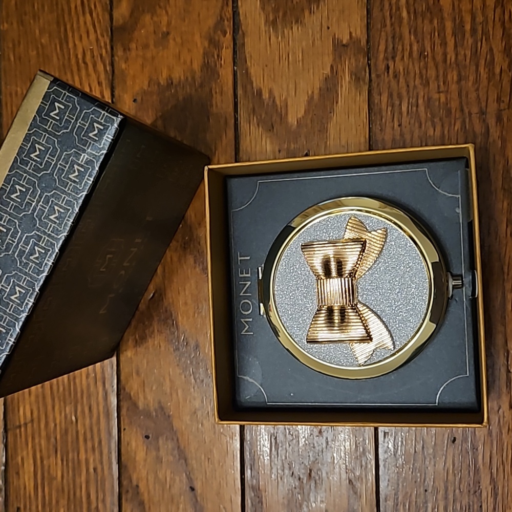 Monet Compact Double Mirror Gold Tone Gold Bow